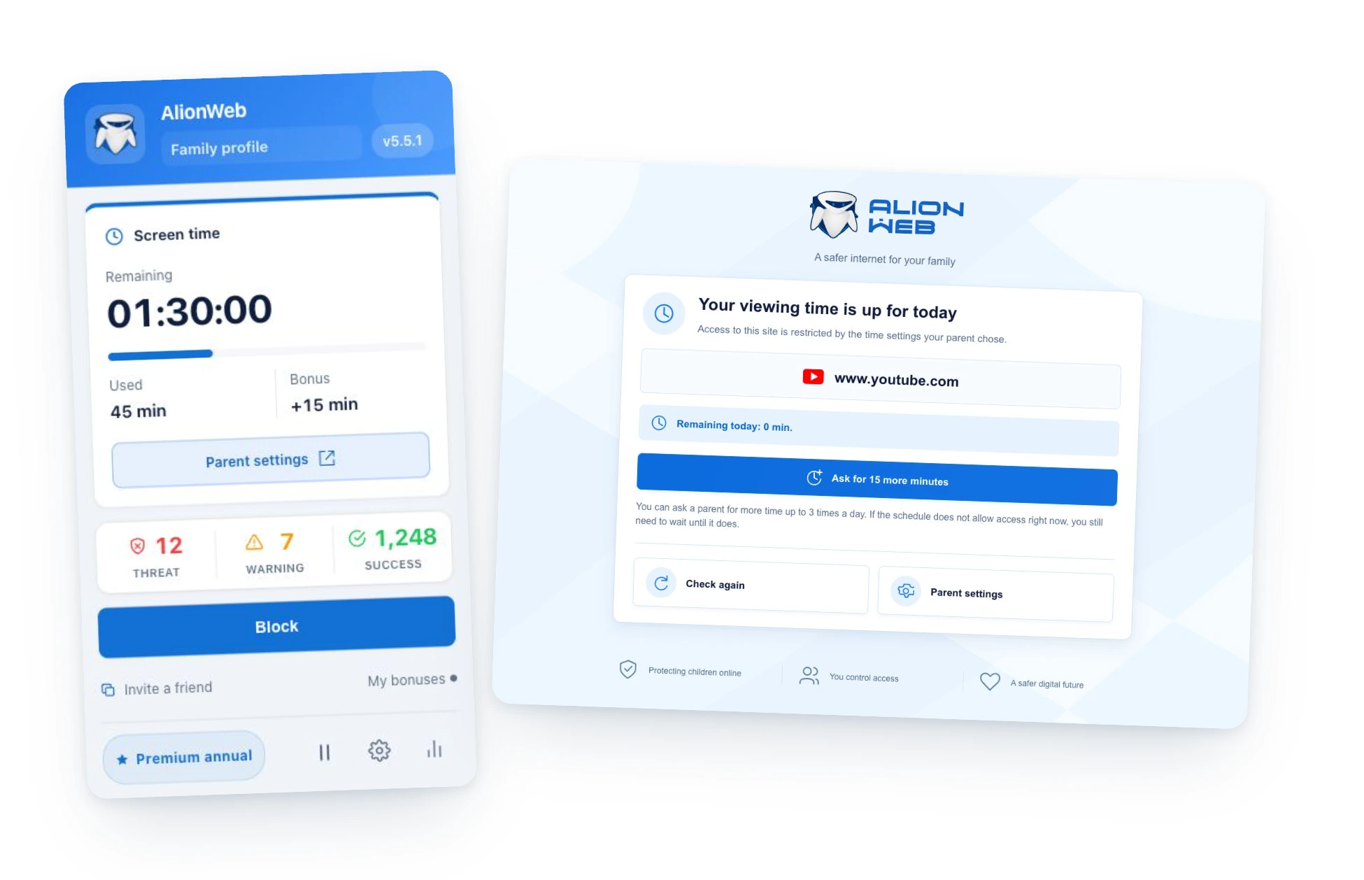 AlionWeb screen time controls and the protected browsing page