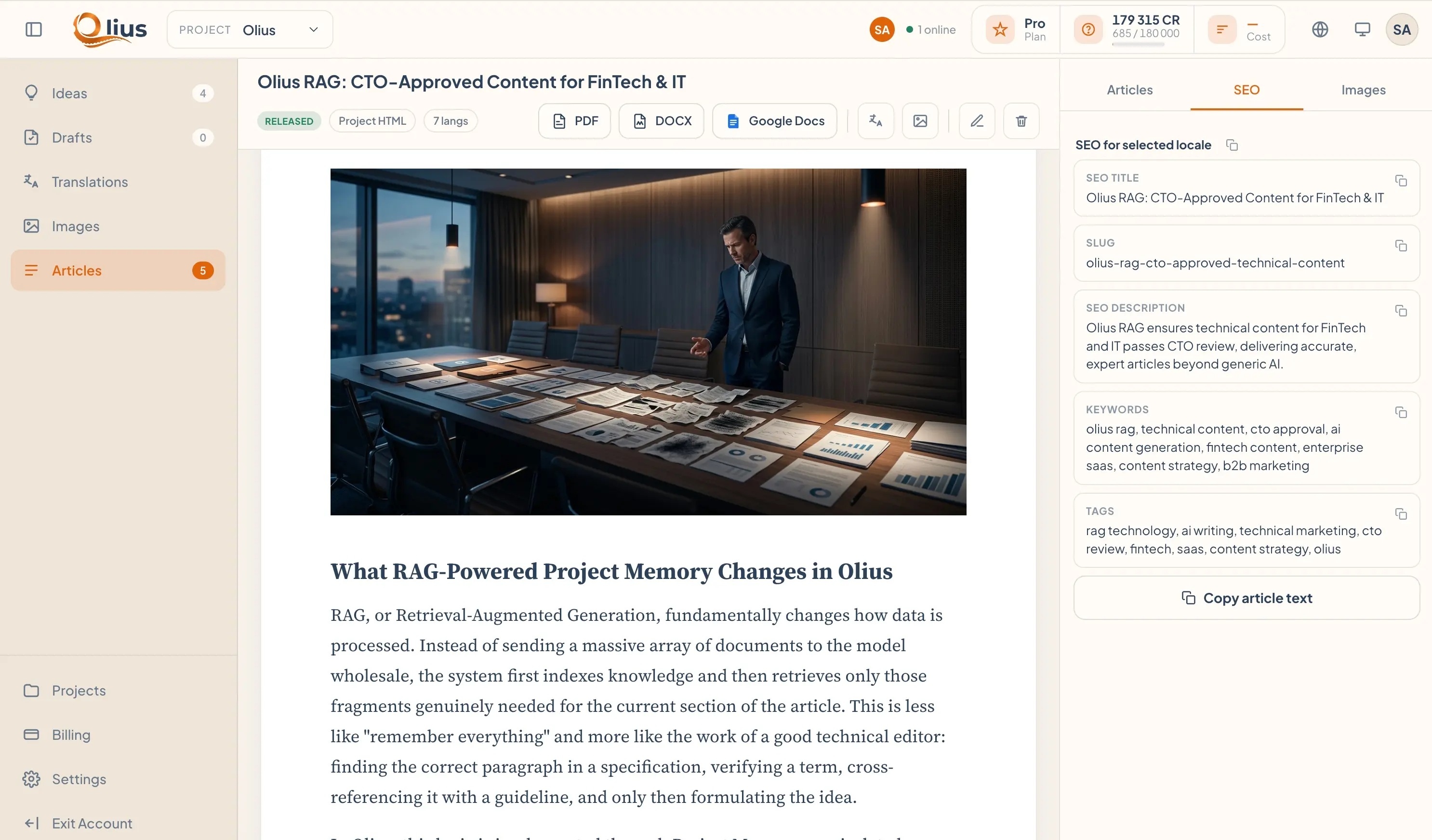 The Olius workspace for managing articles, editing content and preparing translations